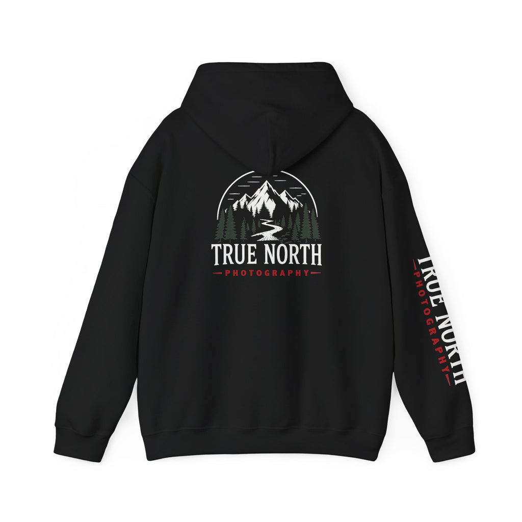 True North Black Hoodie — Mountain Photography Graphic Hooded Sweatshirt