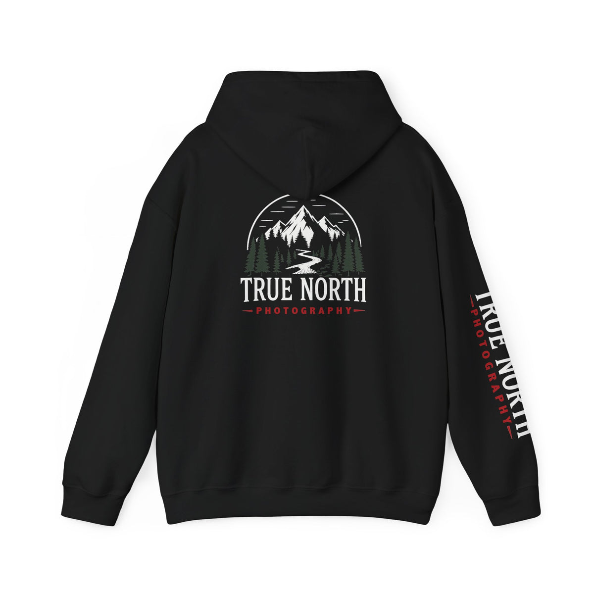 True North Black Hoodie — Mountain Photography Graphic Hooded Sweatshirt