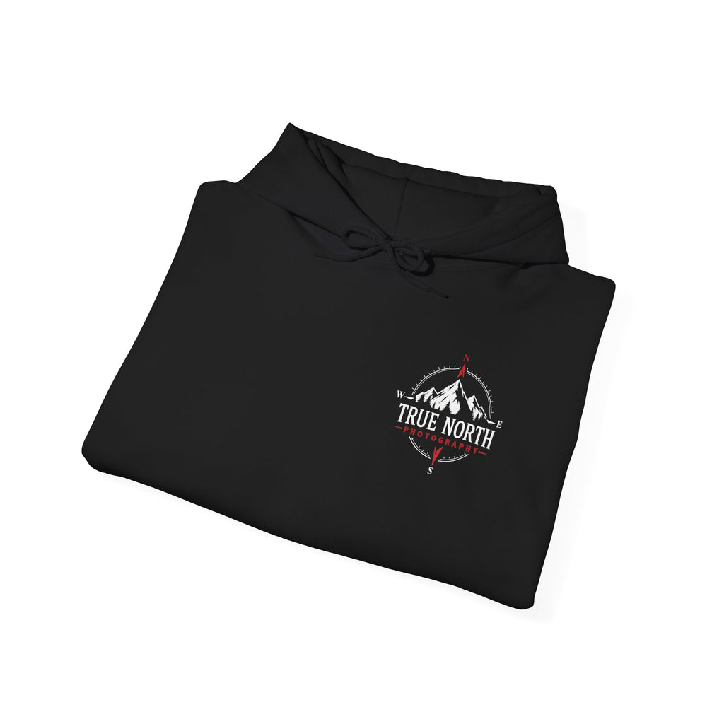 True North Black Hoodie — Mountain Photography Graphic Hooded Sweatshirt