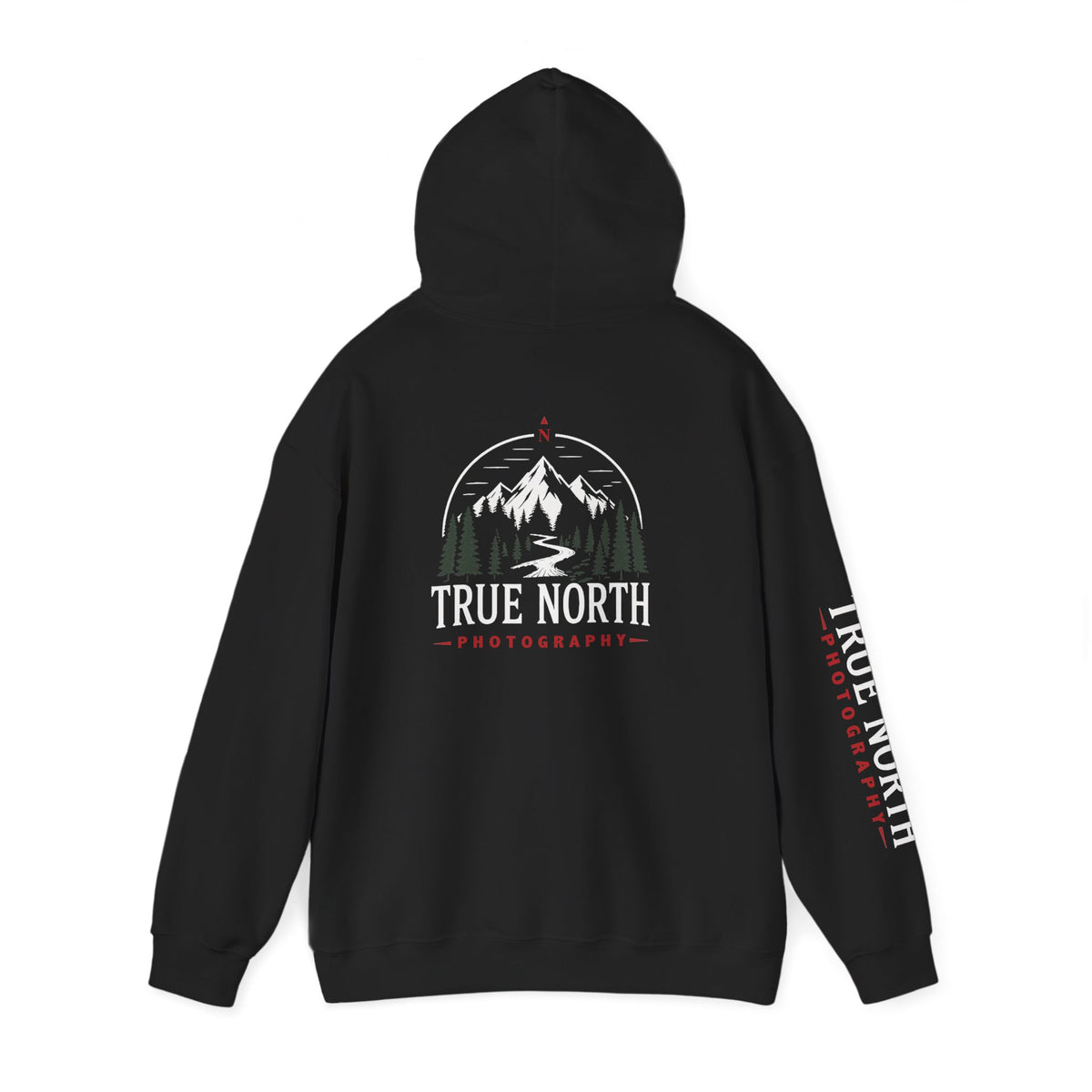 True North Black Hoodie — Mountain Photography Graphic Hooded Sweatshirt