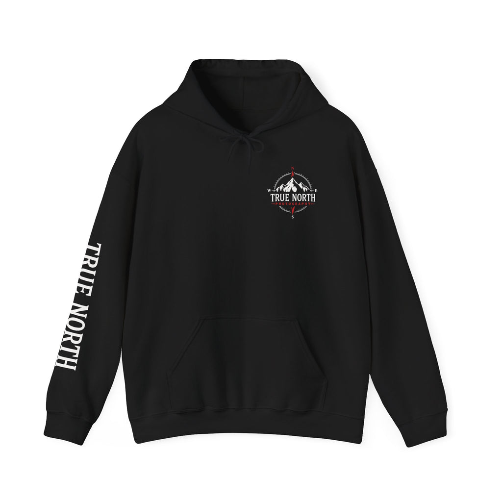 True North Black Hoodie — Mountain Photography Graphic Hooded Sweatshirt